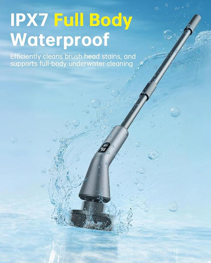 VICNOVA Electric Spin Scrubber, IPX7 Waterproof 2-Speed, Extendable Long Handle Cordless Cleaning Brush with 7 Replacement Brush Heads for Bathroom Shower Bathtub Glass Tub Tile Floor Car