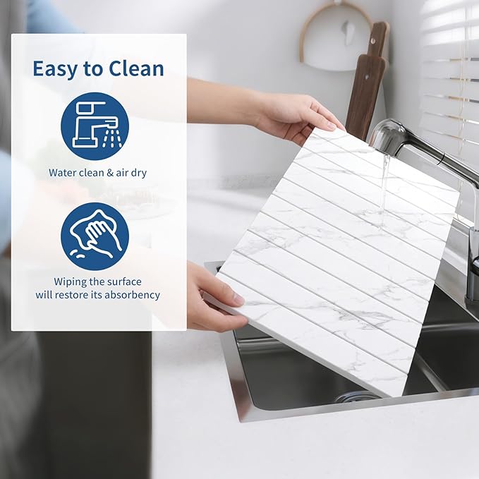 Hopegiver Stone Drying Mat for Kitchen Counter, 24" x 16" Quick Dry Diatomaceous Earth Dish Drying Mat, Super Absorbent, Non-Slip & Foldable, Modern Marble Countertop Mat (Marble,24''x16'')