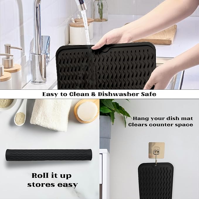 ZLR Silicone Dish Drying Mat 12" x 12" Square - Small Heat Resistant Trivet & Countertop Protector for Air Fryer, Coffee Maker - Waterproof Kitchen Drain Pad for Cups, Fruit (Black)