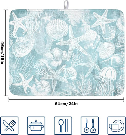 Summer Sea Shell Drying Mat 24x18 Inch, Teal Starfish Drying Mat with Absorbent Reversible Microfiber, Coastal Dish Drainer Mats Holiday Ocean Rack Pad for Coffee Countertop Kitchen Protector