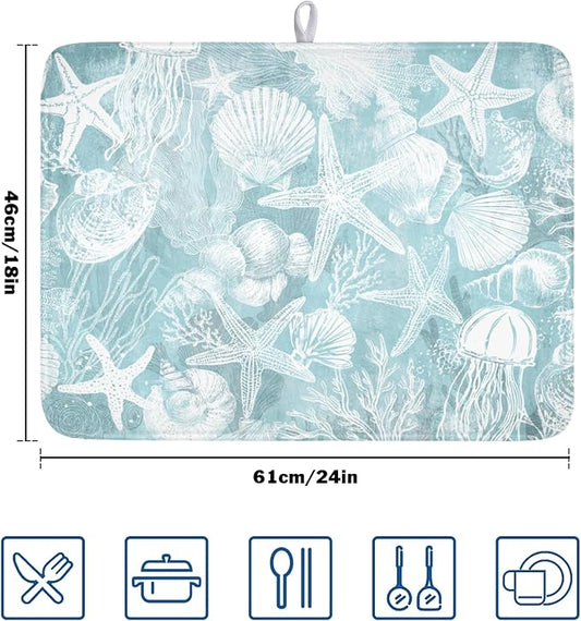 Summer Sea Shell Drying Mat 24x18 Inch, Teal Starfish Drying Mat with Absorbent Reversible Microfiber, Coastal Dish Drainer Mats Holiday Ocean Rack Pad for Coffee Countertop Kitchen Protector