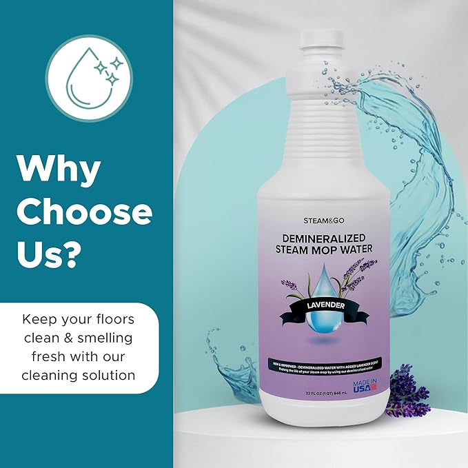 Steam & Go Demineralized Water for Steam Cleaner - PVC-Free Floor Cleaning Solution Compatible for All Steam Mops - Multi-Surface Cleaner for Home Surfaces - Lavender Scent, 32 oz (Pack of 18)