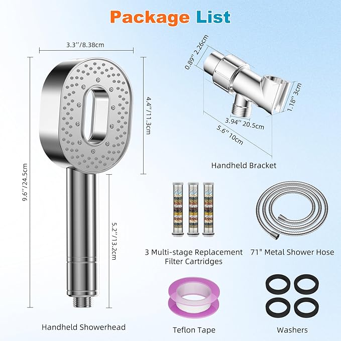 Hibbent Filtered Showerhead with handheld, High Pressure 5 Sprays Shower Head, Anti-clog Nozzles, Brass Holder & 71" Metal Hose, 3 Water Softener Filter Remove Chlorine, Reduce Dry Itchy Skin, Chrome