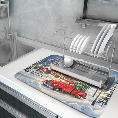 Christmas Dish Drying Mat for Kitchen Counter 18x24 Red Truck Winter Xmas Snow Scene Holiday Theme Absorbent Reversible Microfiber Drying Mats Kitchen Countertop Protector Dishes Drainer Pad