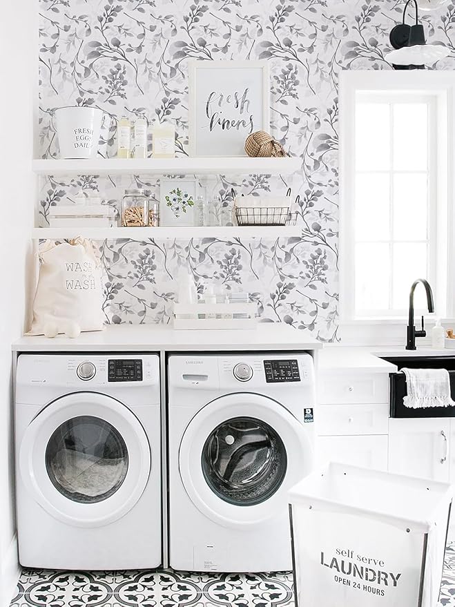 Orainege Gray Floral Wallpaper Peel and Stick Wallpaper 17.7 in ×118.1 in Self Adhesive Floral Contact Paper Waterproof Removable Wall Paper for Bedroom Bathroom Cabinets Decor