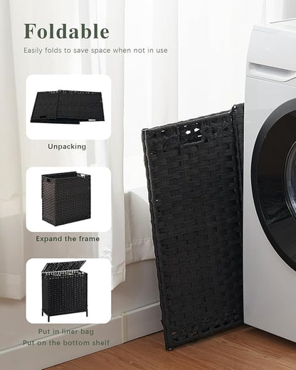 Laundry Hamper with Lid 132 L, (35 Gallons) Clothes Hamper with Lid, Handwoven Rattan Laundry Hamper with Metal Heightened Feet, Laundry Hampers with 3 Removable Liner Bags for Laundry-Black