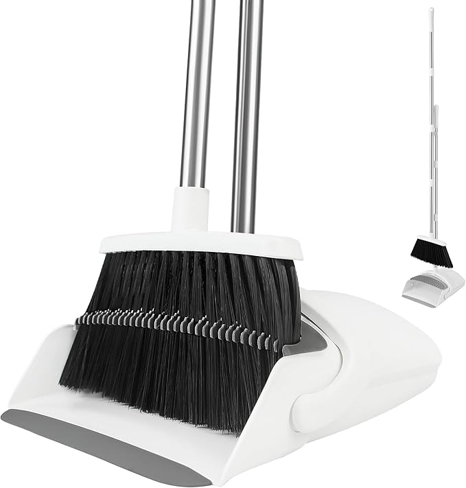 Broom Dustpan Set, Broom with Dustpan Combo Set with Adjustable Handle Broom Suitable for Home Office Kitchen Lobby Dust Pan Teeth to Automatically Clean Hair