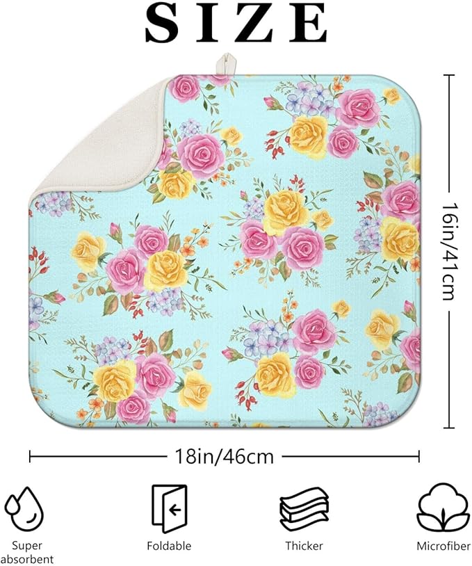 Dish Drying Mat Drainer Pads - Extra Large Microfiber Drying Mats for Dishes Kitchen Counter Super Absorbent Pads for Draining Racks (Floral,16"x18" )
