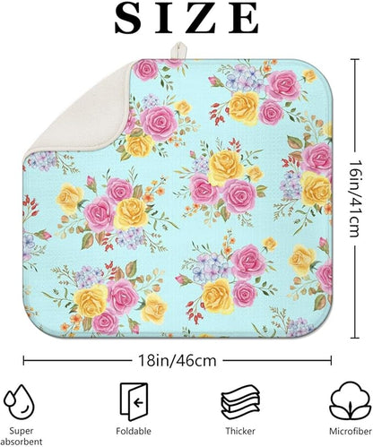 Dish Drying Mat Drainer Pads - Extra Large Microfiber Drying Mats for Dishes Kitchen Counter Super Absorbent Pads for Draining Racks (Floral,16"x18" )