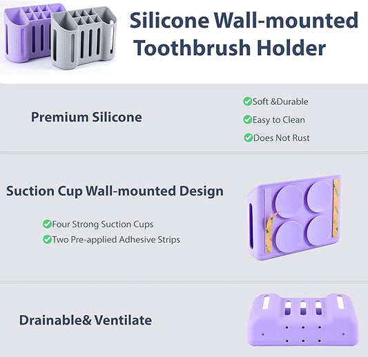 Wall-Mounted Silicone Toothbrush Holders for Bathrooms, Electric Toothbrush, Shaver and Toothpaste Holder, Multiple Slots, Suction Pad& Adhesive Tape, Bathroom Organizer, Bathroom Accessories (Purple)