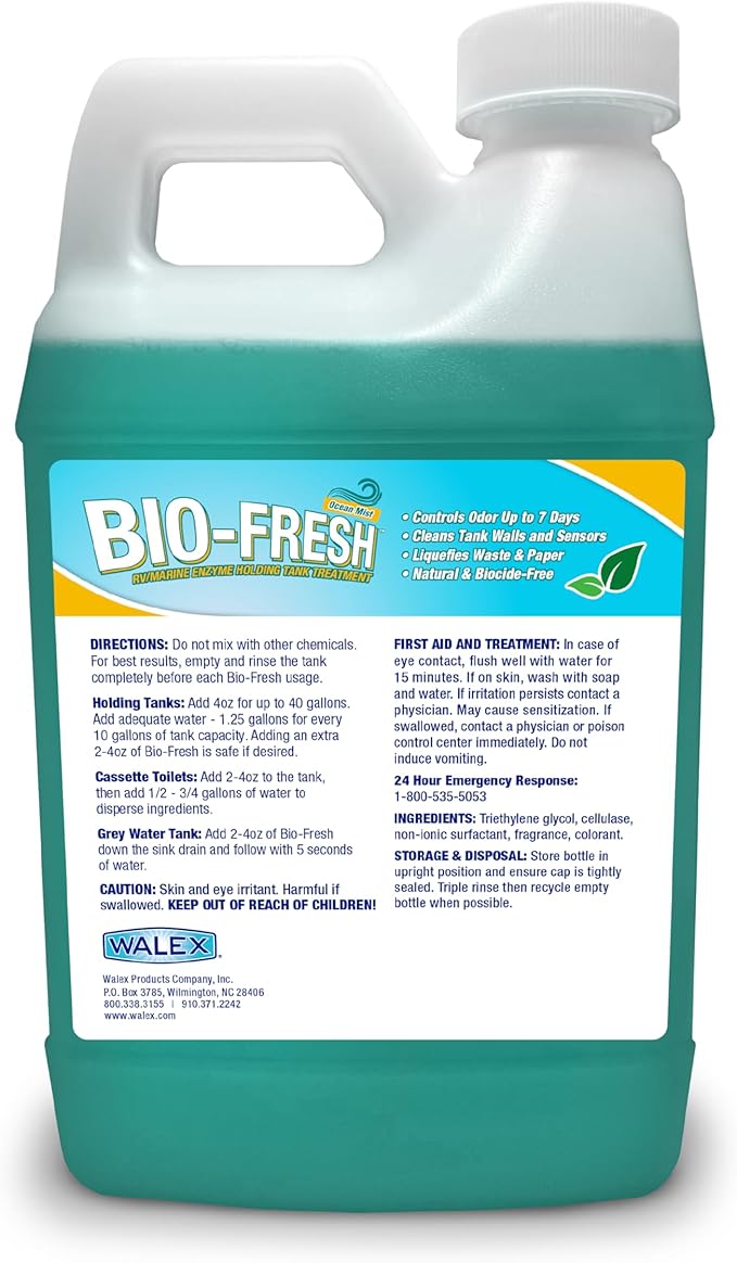 Walex Bio-Fresh Liquid Enzyme Holding Tank Treatment for RV, Camper & Marine - Black Water Tank Deodorizer, Liquifies Waste & Toilet Paper, Septic Tank Safe, Biocide-Free, Ocean Mist, 64oz