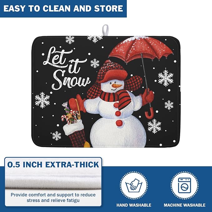 Black Snowman Dish Drying Mats for Kitchen Counter, Winter Snowflake Dish Mat Absorbent Reversible Microfiber Dish Drying Pad Christmas Kitchen Drying Mat Dish Drainer Rack Mats for Bar 18”x24”