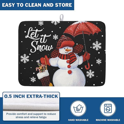 Black Snowman Dish Drying Mats for Kitchen Counter, Winter Snowflake Dish Mat Absorbent Reversible Microfiber Dish Drying Pad Christmas Kitchen Drying Mat Dish Drainer Rack Mats for Bar 18”x24”