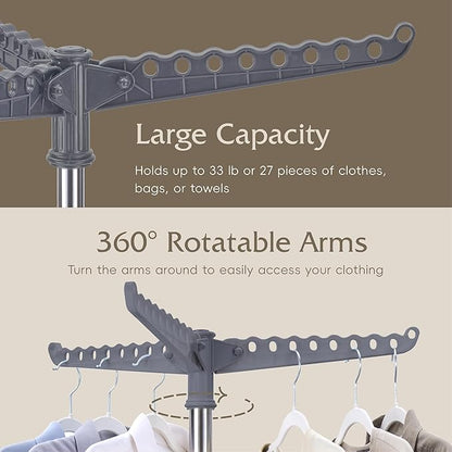 Beaudaily Clothes Drying Rack, Foldable Laundry Drying Rack, Indoor 59-Inch Drying Rack Clothing with 3 Rotatable Arms, Stainless Steel, Holds 27 Pieces, Space Saving, Portable, Grey and Silver