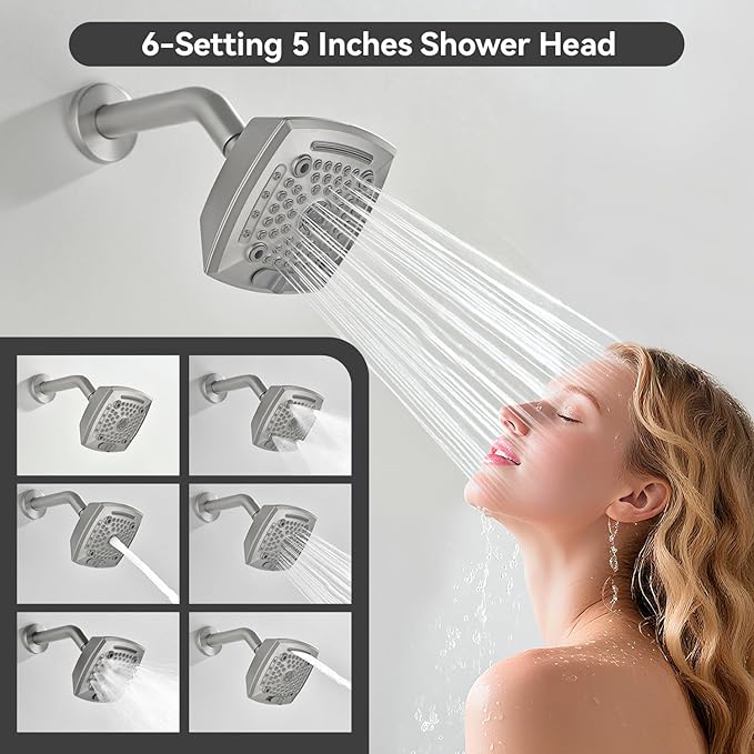 2 Handle Shower Faucet Set with Tub Spout 6-Spray Shower Head and Handle Set Shower Trim Kit with Rough-in Valve Bathroom Shower Faucet Valve Trim Kit Brushed Nickel