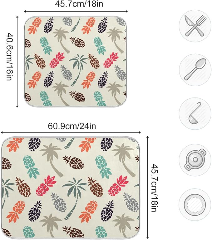 Super Absorbent Dish Drying Mat, Microfiber Fast-Drying Dish Mat, 16" x 18", Kitchen Dish Drying Pad Coconut Palm Trees Pineapples…