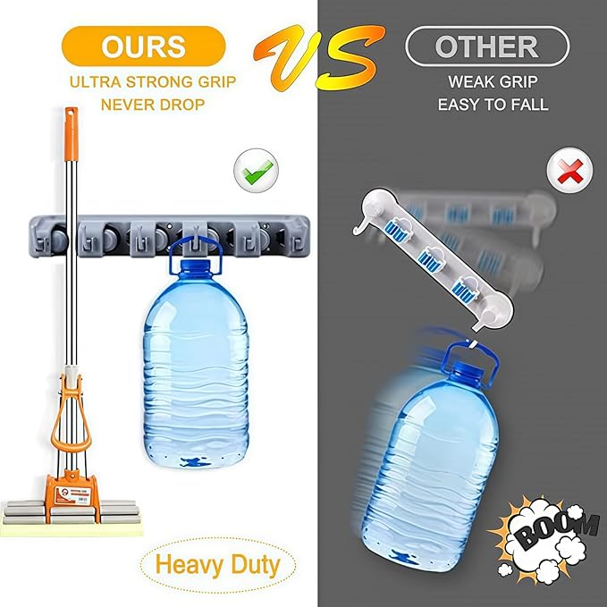 Broom Holder Wall Mount, Heavy Duty Mop Holder Wall Mount with Hooks & Slots, Garage Storage Wall Hanger for Shovel, Rake, Kitchen, Laundry & Shed