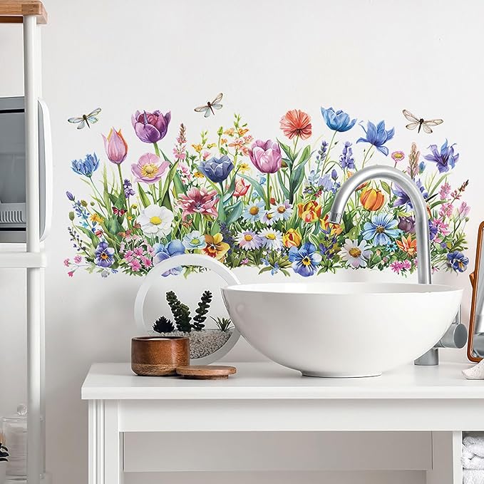 Wildflower Wall Decals with Daisy Tulip Garden Floral Dragonfly Peel and Stick Removable Wall Art for Nursery Girls Room Living Room Kitchen Decor