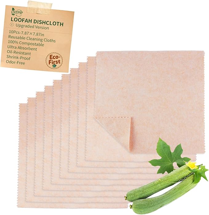 Swedish Dishcloth 10 Pack, 100% Compostable Loofah Kitchen Cloth, Super Absorbent 25x Weight, Non-Stick Oil, Reusable Cleaning Rags for Dishes & Surfaces, 7.87x7.87in