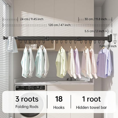 Abiglifty Clothes Drying Rack Wall Mounted, Laundry Drying Rack Collapsible, Foldable & Retractablewith 18 Hooks for Indoor/Outdoor Use inLaundry Room, Bathroom & Balcony (Black)