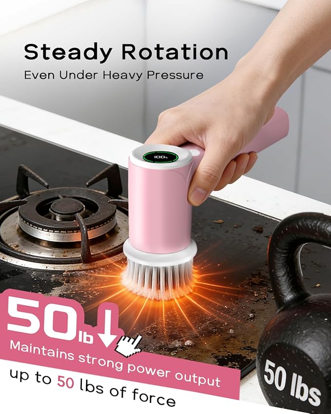 PUFTEM Upgraded Electric Spin Scrubber, Powerful Cordless Shower Scrubber with 4500mAh Large Battery & Speed Display, 6 Replaceable Brush Heads, Cleaning Brush for Bathroom Tile Tub Floor (Pink)