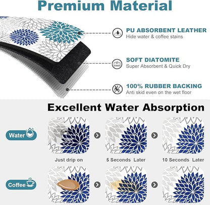 Findosom 2PCS 16" x 24" Dish Drying Mat & 24" x 5.5" Sink Splash Guard, Super Absorbent & Cuttable Dish Mat Drying Kitchen Mat with Blue Floral, Hide Stain Drying Mat for Kitchen Counter