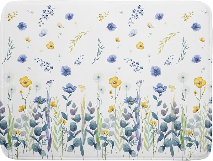 Floral Dish Drying Mat for Kitchen Counter 24x18 Inch Yellow Purple Flower Drying Mat with Absorbent Reversible Microfiber Season Spring Dish Drainer Mats Rack Pad for Coffee Countertop Protector