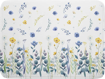 Floral Dish Drying Mat for Kitchen Counter 24x18 Inch Yellow Purple Flower Drying Mat with Absorbent Reversible Microfiber Season Spring Dish Drainer Mats Rack Pad for Coffee Countertop Protector