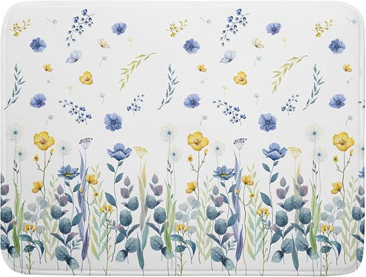 Floral Dish Drying Mat for Kitchen Counter 24x18 Inch Yellow Purple Flower Drying Mat with Absorbent Reversible Microfiber Season Spring Dish Drainer Mats Rack Pad for Coffee Countertop Protector