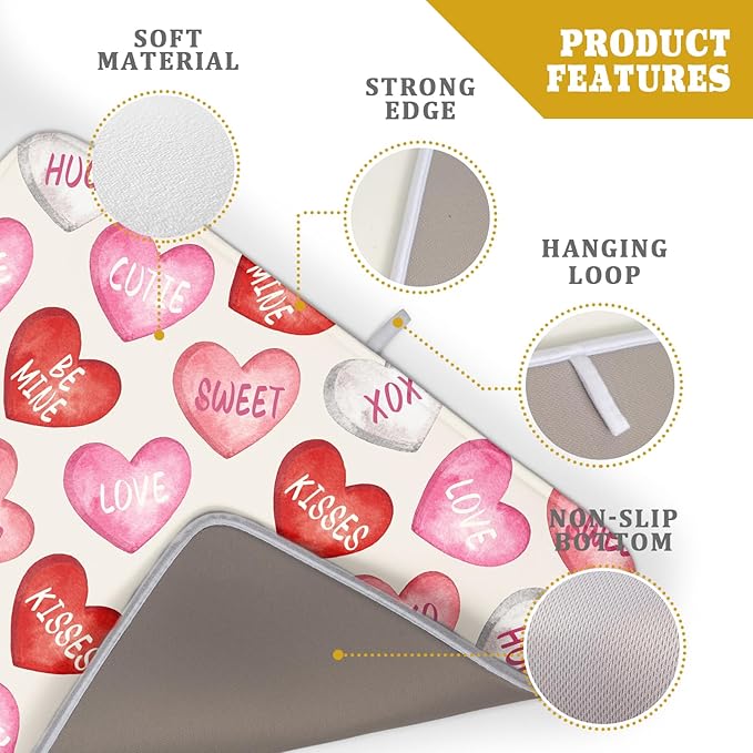 Valentines Dish Drying Mat for Kitchen Counter 18x24 Red Pink Love Heart Valentine's Day Holiday Themed Absorbent Reversible Microfiber Drying Mats Kitchen Countertop Protector Dishes Drainer Pad
