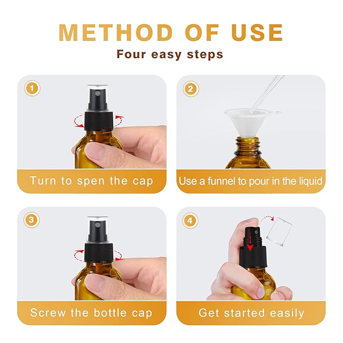 GIVAMEIHF 4 pcs Amber Glass Spray Bottles 2oz, Empty Small Spray Bottle Fine Mist Refillable Sprayer with Funnel Labels Droppers,Mini Travel Bottle for Essential Oils,Hair and Cleaning Solutions