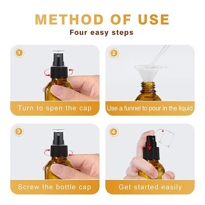 GIVAMEIHF 4 pcs Amber Glass Spray Bottles 2oz, Empty Small Spray Bottle Fine Mist Refillable Sprayer with Funnel Labels Droppers,Mini Travel Bottle for Essential Oils,Hair and Cleaning Solutions
