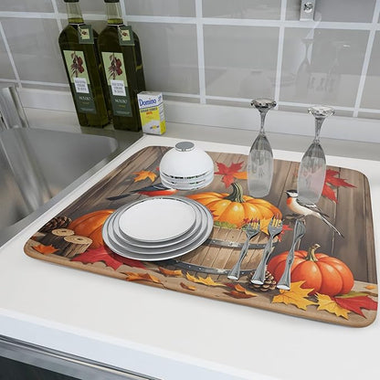 Fall Thanksgiving Dish Drying Mat for Kitchen Counter 18x24 Pumpkin Birds Autumn Harvest Seasonal Theme Absorbent Reversible Microfiber Drying Mats Kitchen Countertop Protector Dishes Drainer Pad