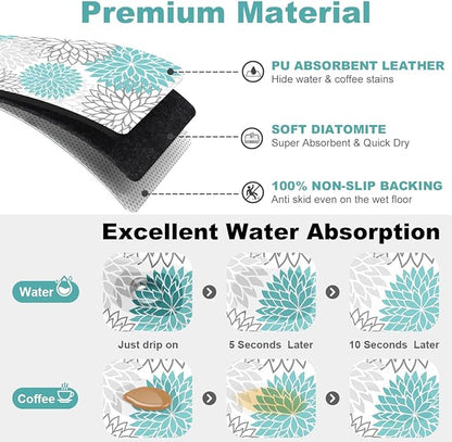 Findosom 2PCS 12" x 20" Dish Drying Mat & 24" x 5.5" Sink Splash Guard, Super Absorbent & Cuttable Dish Mat Drying Kitchen Mat with Teal Floral, Hide Stain Drying Mat for Kitchen Counter