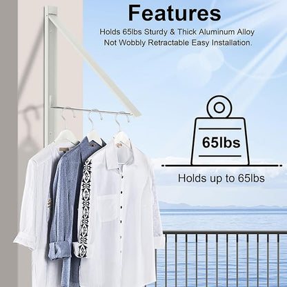 Wall Mounted Drying Rack, Foldable Clothes Airer Rack Heavy Duty 65 lbs, No Drill Space Saving Aluminum Laundry Organizer for Indoor Outdoor, Balcony, Apartment (White)