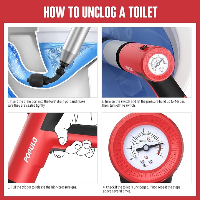 POPULO Electric Toilet Plunger High Pressure Drain Unclogger Plungers for Bathroom, Floors, Heavy Duty Versatile Home Toilet Unclogger Tool