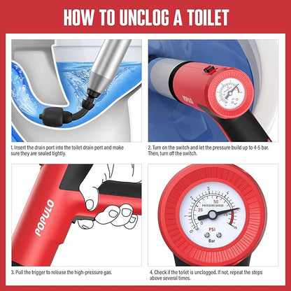 POPULO Electric Toilet Plunger High Pressure Drain Unclogger Plungers for Bathroom, Floors, Heavy Duty Versatile Home Toilet Unclogger Tool