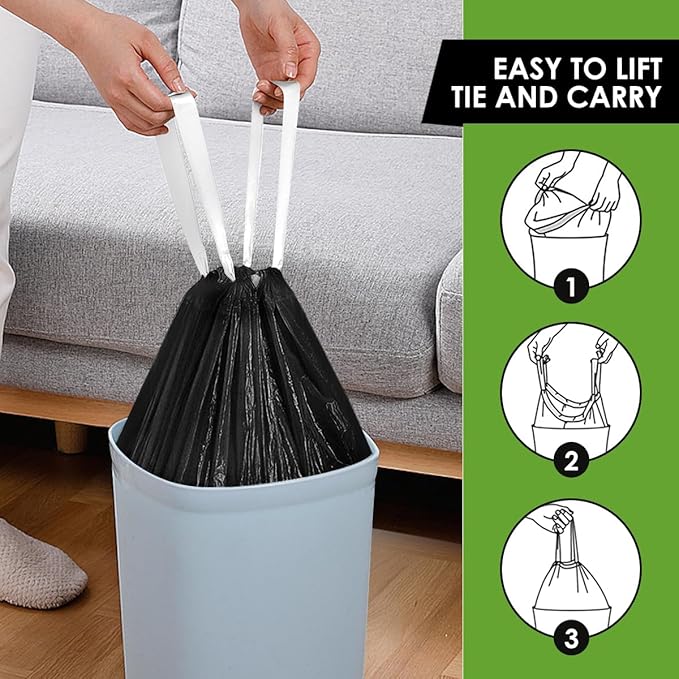 6 Gallon Small 120 Counts Strong Drawstring Trash Bags Garbage Bags by Teivio, Bathroom Trash Can Bin Liners, Plastic Bags for home office kitchen, Black