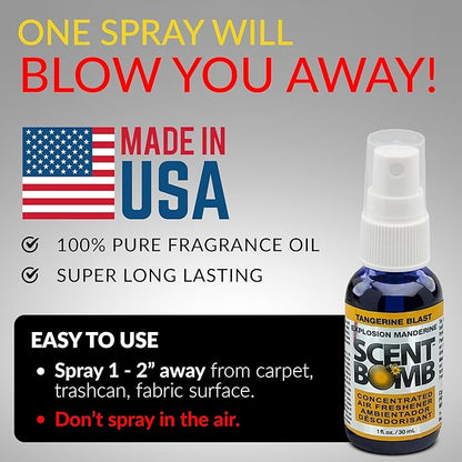 Scent Bomb Air Freshener Spray, Long-Lasting Odor Eliminator - Effective Deodorizer for Home & Car, Fresh Room Spray for Kitchen, Bathroom & Smell Neutralizer - 1 oz Pack of 4, Tangerine Scent