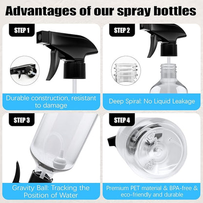 10oz/300ml 360° Spray Bottles (2-Pack) Clear Plastic Small Spray Bottles, Spray at Any Angle to Reach Hard-to-Reach Corners. Ideal for Cleaning, Plants, Gardening, Pets, and Hair
