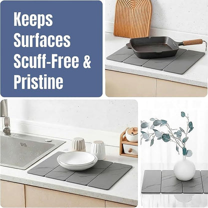 Large 4-Panel Stone Drying Mat for Kitchen Counter, 24"×16" , Foldable Diatomaceous Earth Dish Drying Mat, Quick-Dry ,Premium PU Leather Backing, Non-Slip, Kitchen Essentials