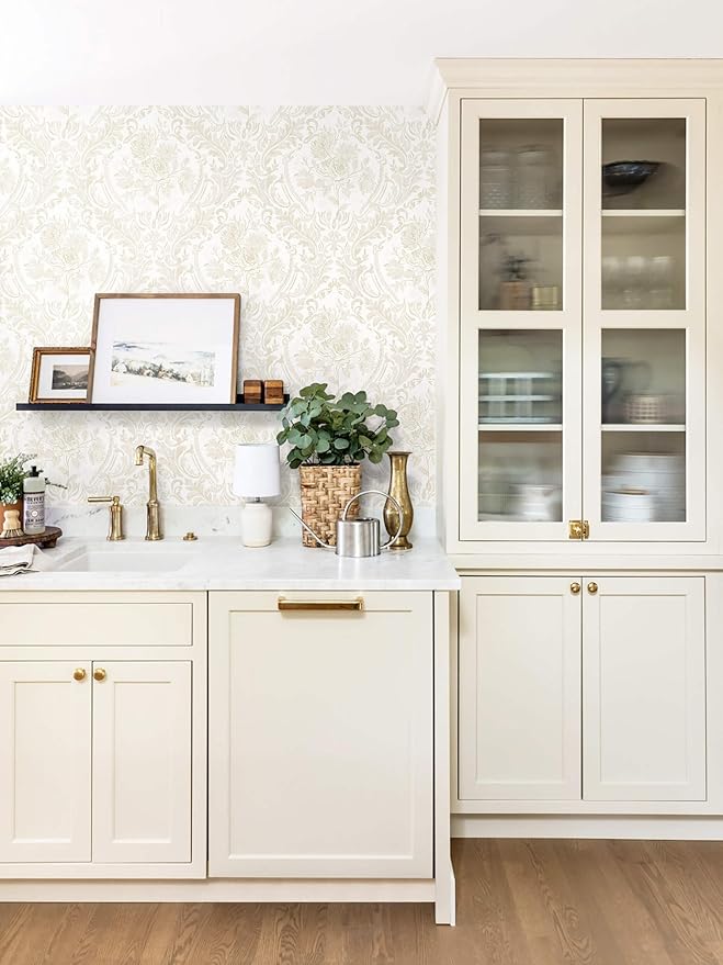 Ismoon Floral Peel and Stick Wallpaper Vintage Beige Contact Paper Boho Watercolor Damask Wall Paper Textured Removable Self Adhesive Vinyl Wallpaper for Cabinet Bedroom Wall Decor, 17.3x196in