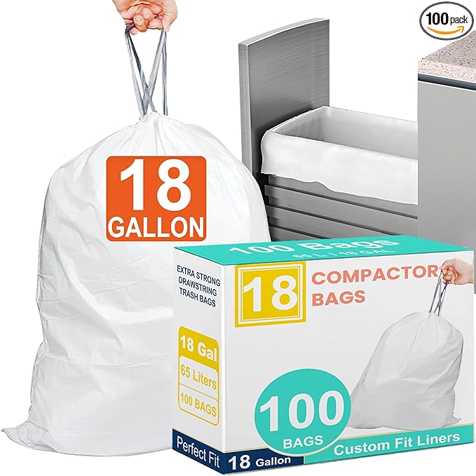 18 Gallon 100 Count Compactor Kitchen Trash Bags Heavy Duty Reinforced Drawstring 1.2 Mil THICK Fits 18 Gallon Compatible with Kitchenaid, Whirpool, GE 15 Inch Compactors Leak Resistant