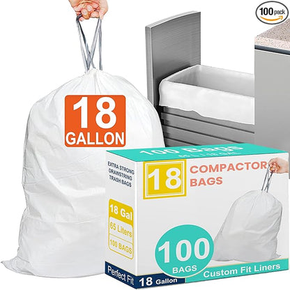 18 Gallon 100 Count Compactor Kitchen Trash Bags Heavy Duty Reinforced Drawstring 1.2 Mil THICK Fits 18 Gallon Compatible with Kitchenaid, Whirpool, GE 15 Inch Compactors Leak Resistant