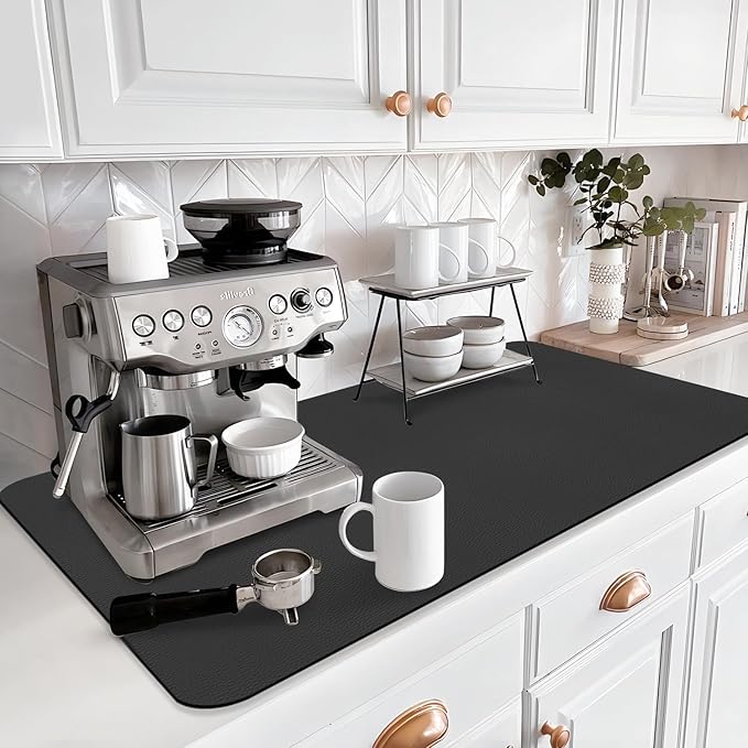 LOPNUR Kitchen Dish Drying Mat, 31.5"x17" Extra Large Dish Drying Mats for Kitchen Counter, Diatomite Coffee Mat Super Absorbent Dish Drying Pad, Heat Resistant Mat with Anti-slip Rubber Backed, Black