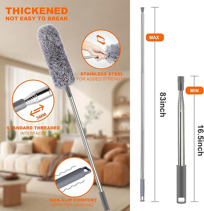 Professional Microfibre Dusters for Cleaning | Duster with Extension 100" | Cobweb Remover Duster Kit with 4 Washable Heads | Bendable Feather Duster for High Ceilings,Fans & Hard-to-Reach Areas,9PCS