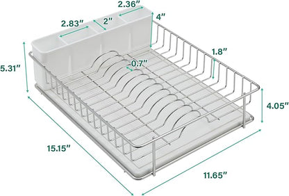 SunnyPoint 304 Stainless Steel Dish Drying Rack with Diatomaceous Earth Drainboard & Removable Utensil Caddy – Rust Resistant Countertop Dish Rack for Kitchen (Silvery-Grey)