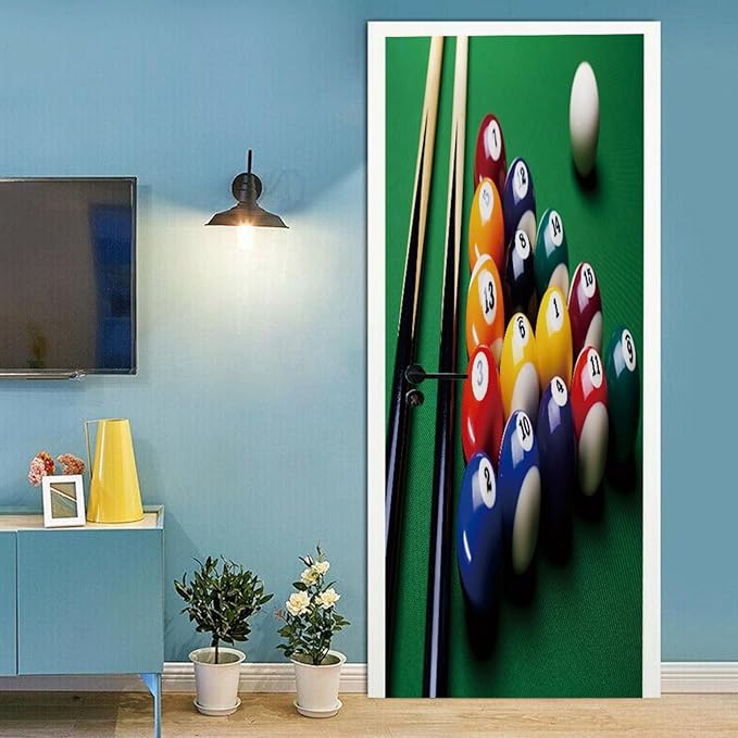 A.Monamour 3D Door Stickers for Interior Doors Billiard Balls and Billiard Cue on Green Table Vinyl Waterproof Self Adhesive Door Mural Decals for Bedroom Office Bathroom 95x215cm