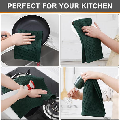 Kitinjoy 100% Cotton Waffle Weave Kitchen Hand Towels (13 X 28 Inches, Blackish Green), 12-Pack Super Soft and Absorbent Dish Towel for Drying Dishes