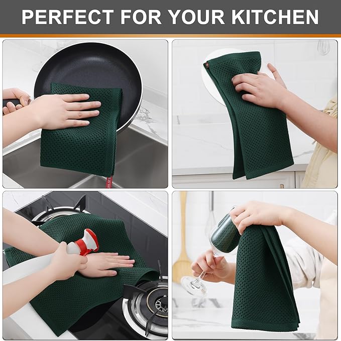Kitinjoy 100% Cotton Waffle Weave Kitchen Hand Towels (13 X 28 Inches, Blackish Green), 8-Pack Super Soft and Absorbent Dish Towel for Drying Dishes